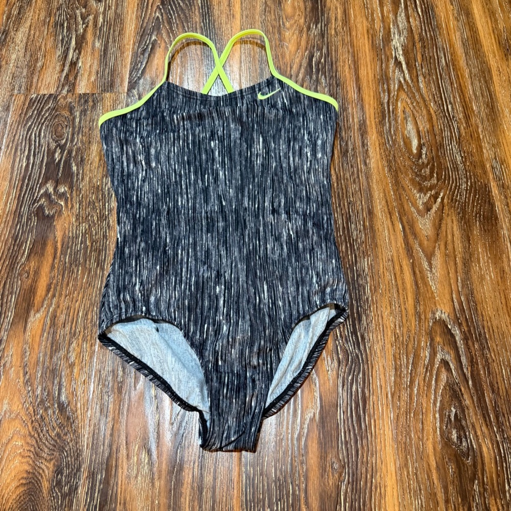 Nike Size M One Piece Swimsuit Kids Black White Space Dye Neon NESS9645